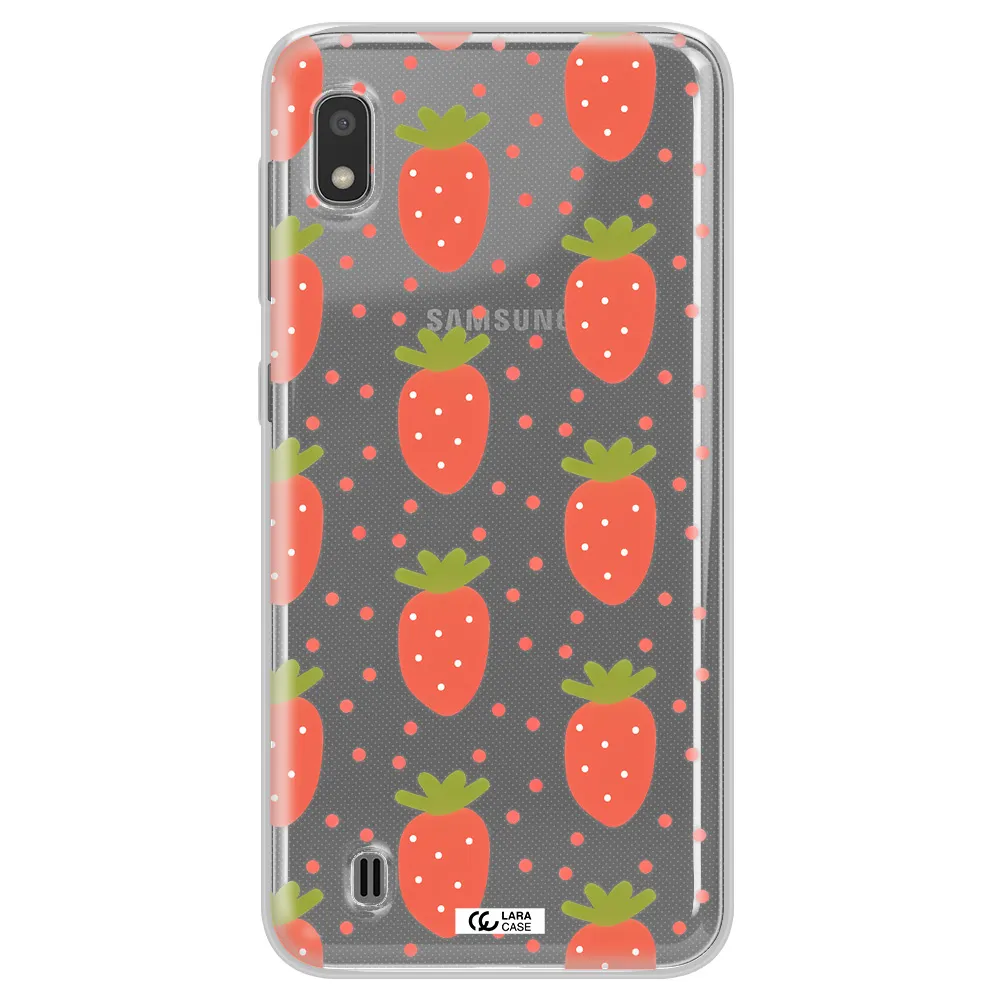 a pattern of strawberries on a white background Samsung A10 Clear TPU Case