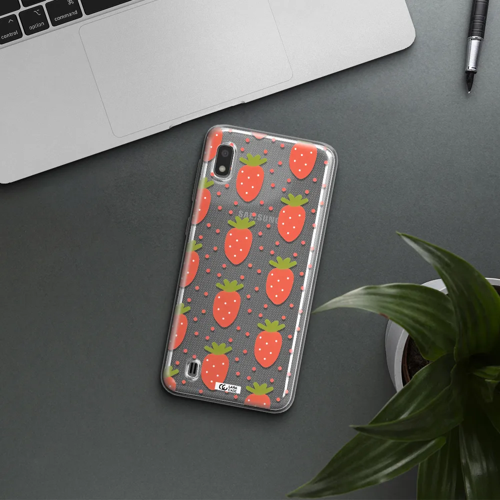 a pattern of strawberries on a white background Samsung A10 Clear TPU Case