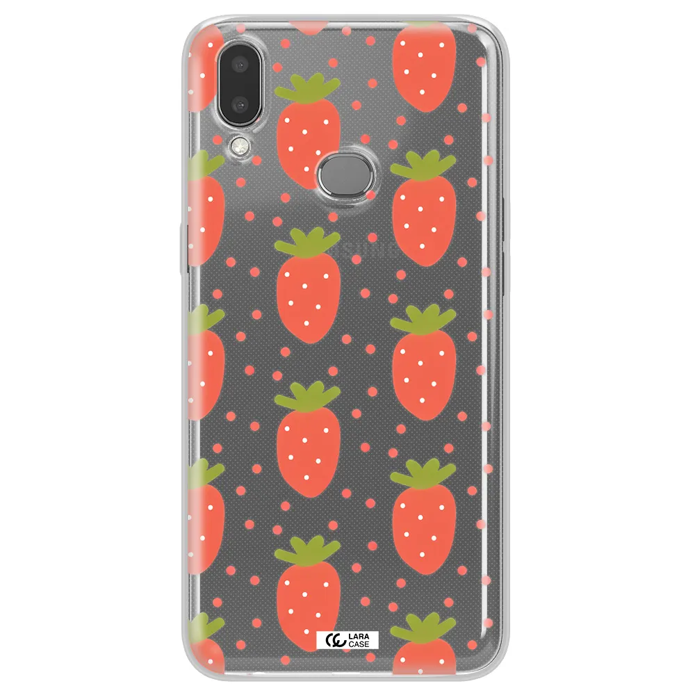 a pattern of strawberries on a white background Samsung A10S Clear TPU Case