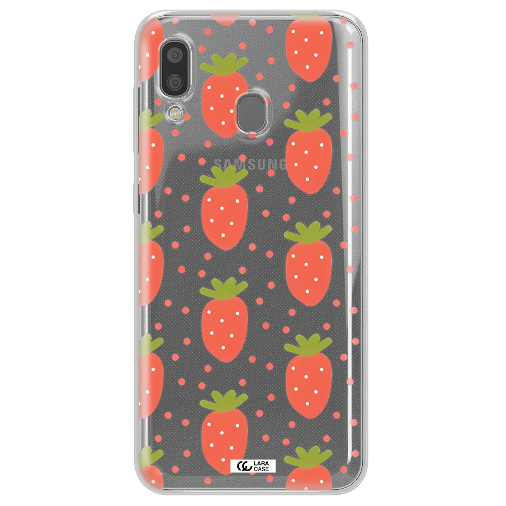 a pattern of strawberries on a white background Samsung A20 Clear TPU Case