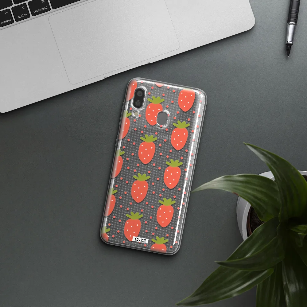 a pattern of strawberries on a white background Samsung A20 Clear TPU Case
