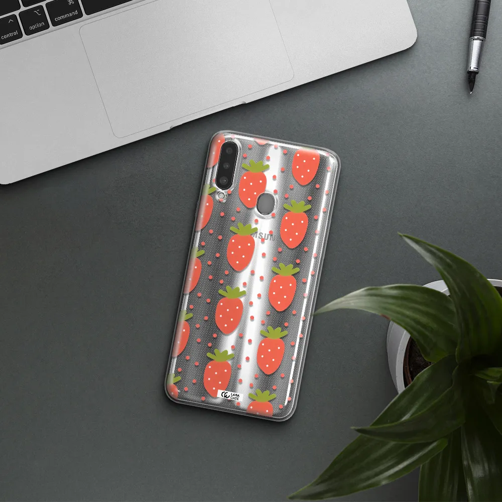 a pattern of strawberries on a white background Samsung A20S Clear TPU Case