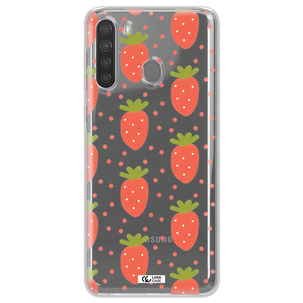 a pattern of strawberries on a white background Samsung A21 Clear TPU Case