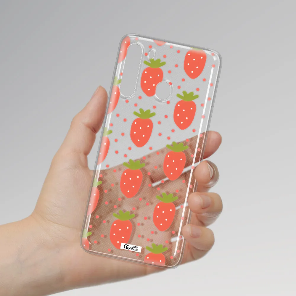 a pattern of strawberries on a white background Samsung A21 Clear TPU Case