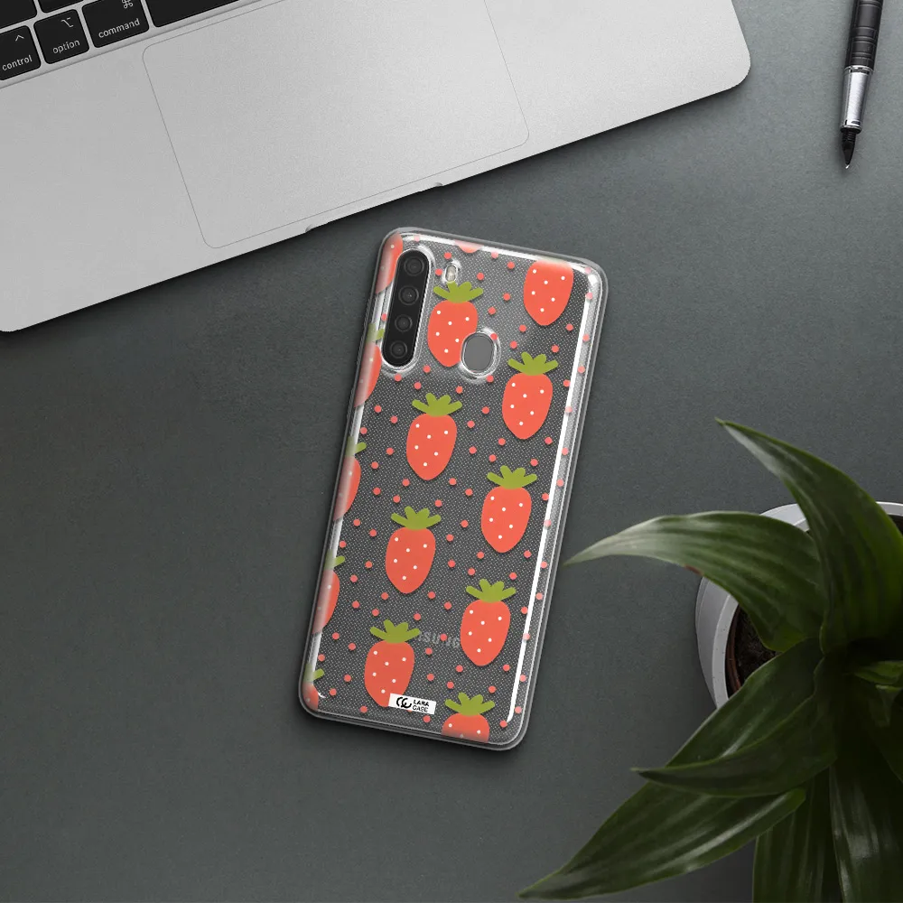a pattern of strawberries on a white background Samsung A21 Clear TPU Case