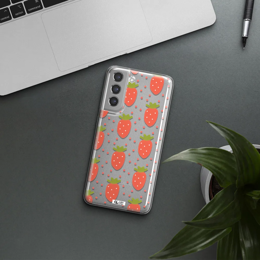 a pattern of strawberries on a white background Samsung A21 Fe Clear TPU Case