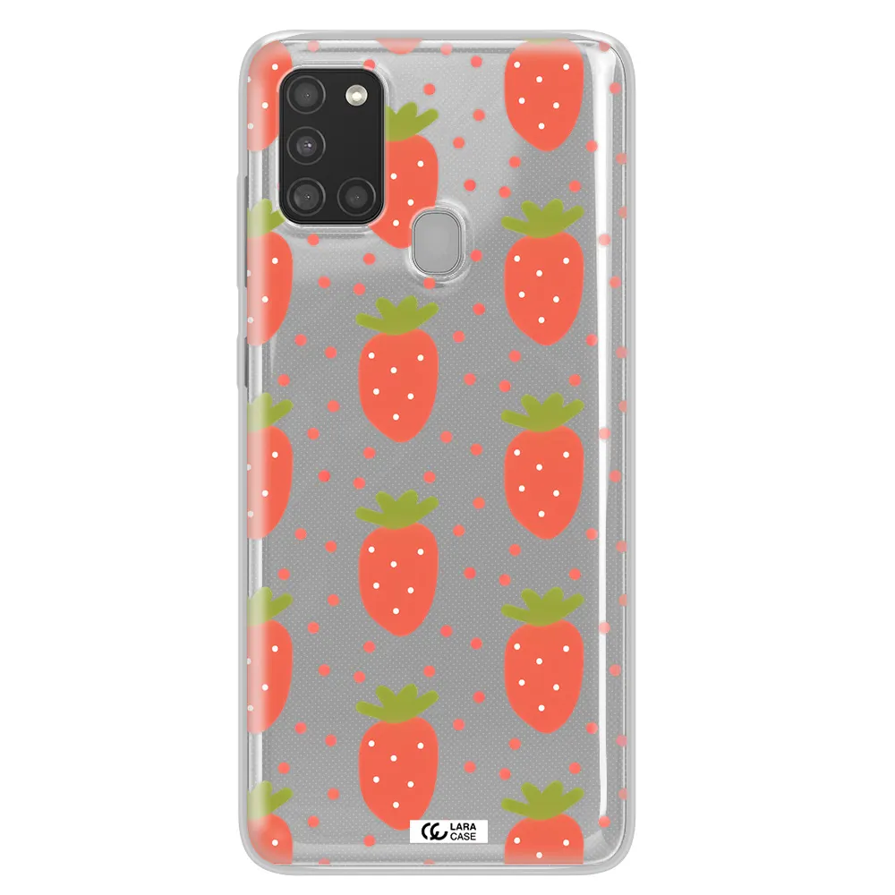 a pattern of strawberries on a white background Samsung A21S Clear TPU Case