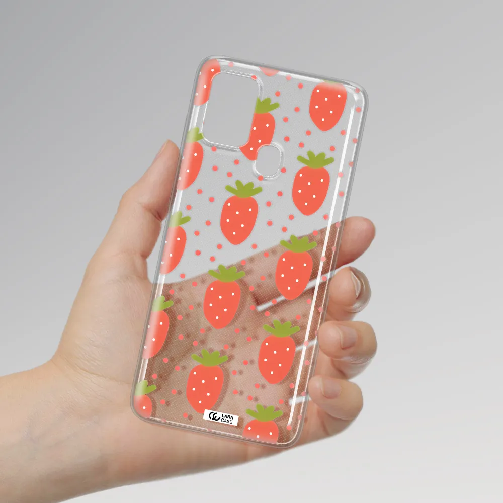 a pattern of strawberries on a white background Samsung A21S Clear TPU Case