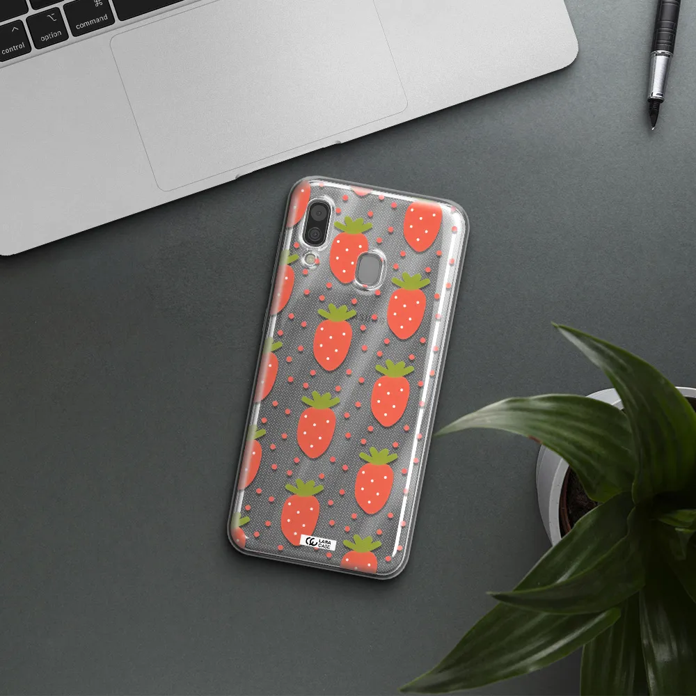 a pattern of strawberries on a white background Samsung A30 Clear TPU Case