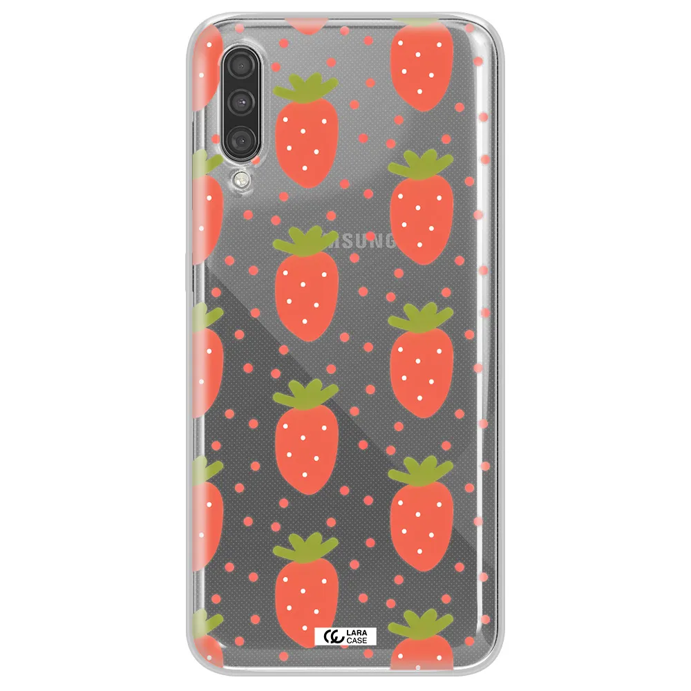 a pattern of strawberries on a white background Samsung A30S Clear TPU Case