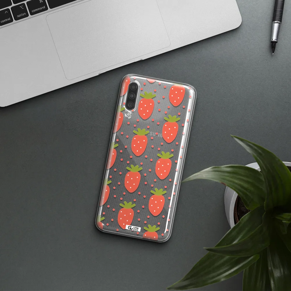 a pattern of strawberries on a white background Samsung A30S Clear TPU Case