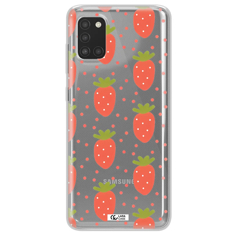 a pattern of strawberries on a white background Samsung A31 Clear TPU Case