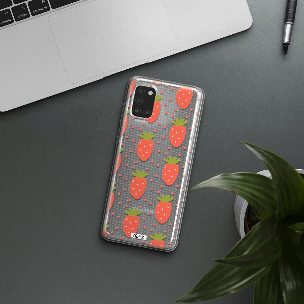 a pattern of strawberries on a white background Samsung A31 Clear TPU Case