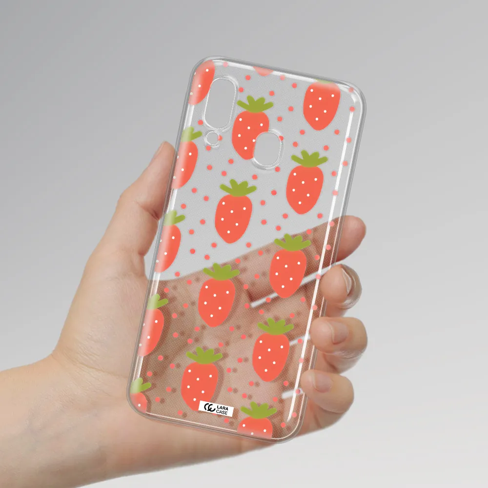 a pattern of strawberries on a white background Samsung A40 Clear TPU Case