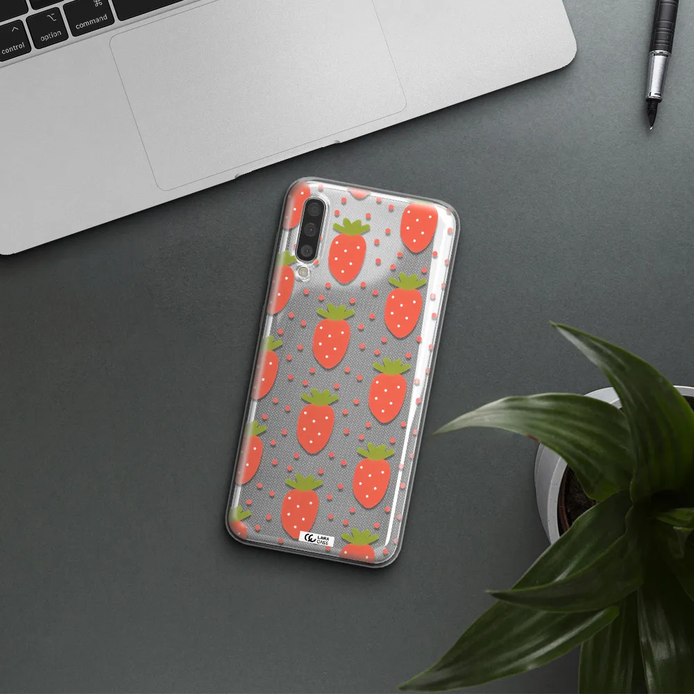 a pattern of strawberries on a white background Samsung A50 Clear TPU Case