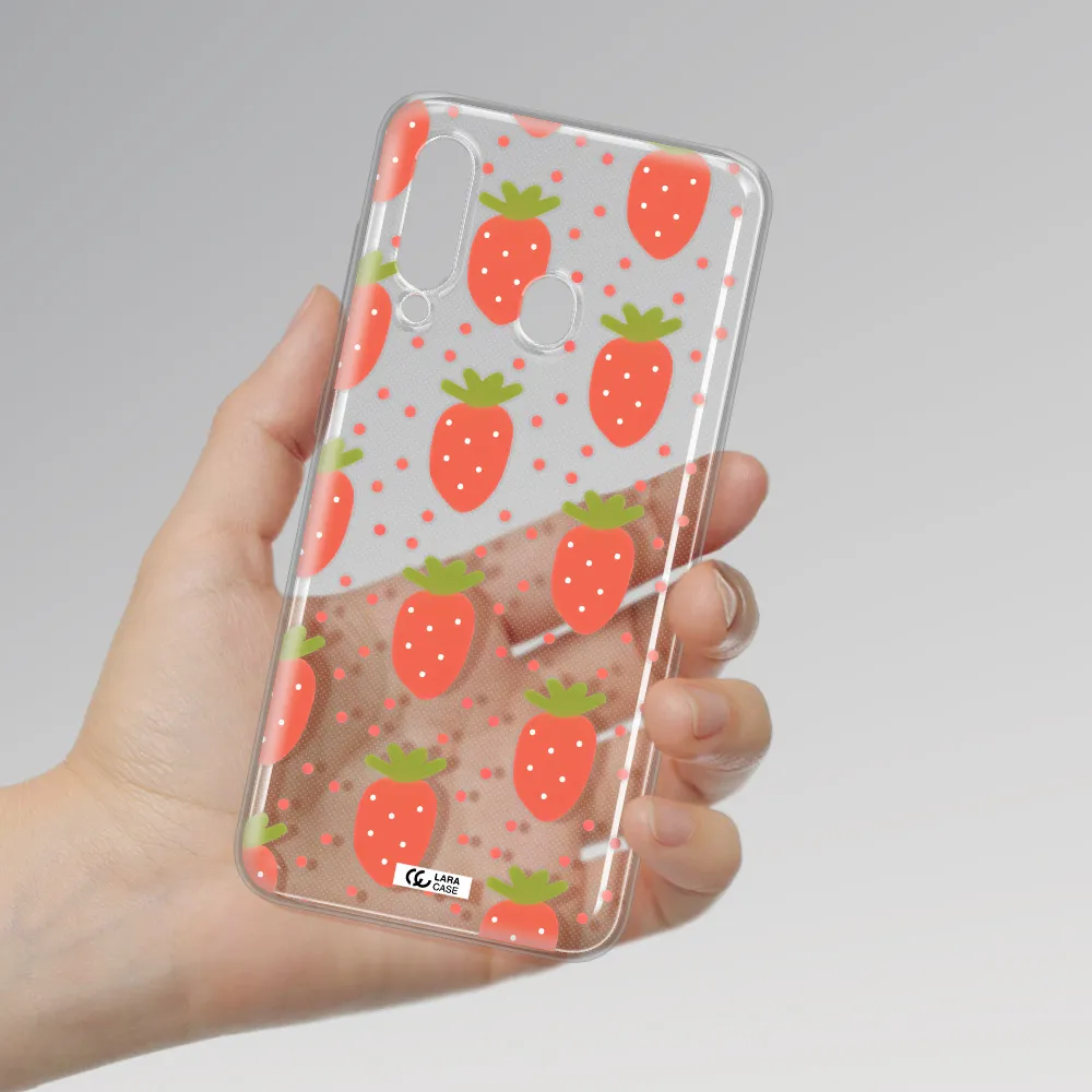 a pattern of strawberries on a white background Samsung A60 Clear TPU Case