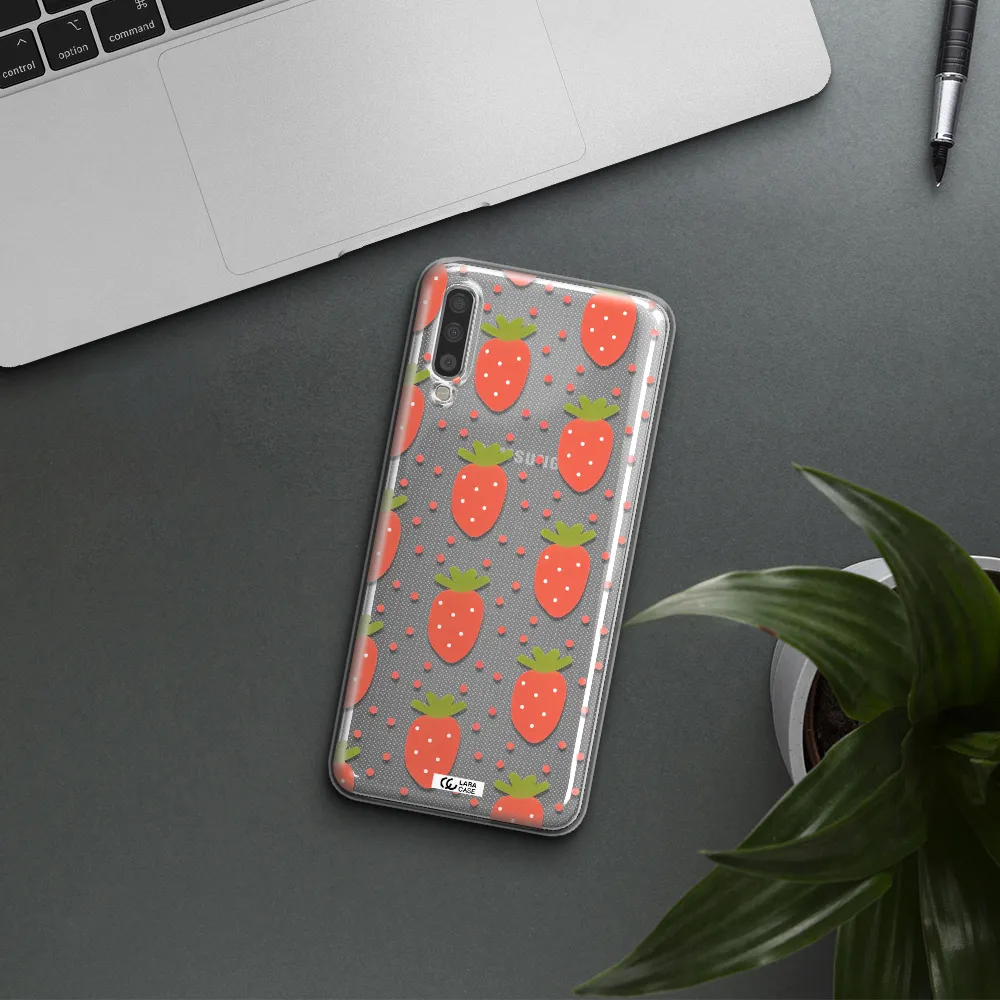 a pattern of strawberries on a white background Samsung A70 Clear TPU Case