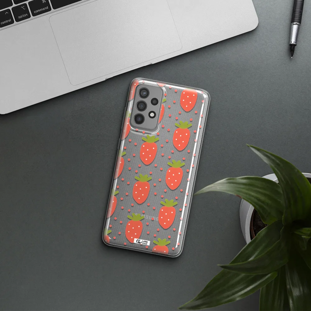 a pattern of strawberries on a white background Samsung A72 Clear TPU Case