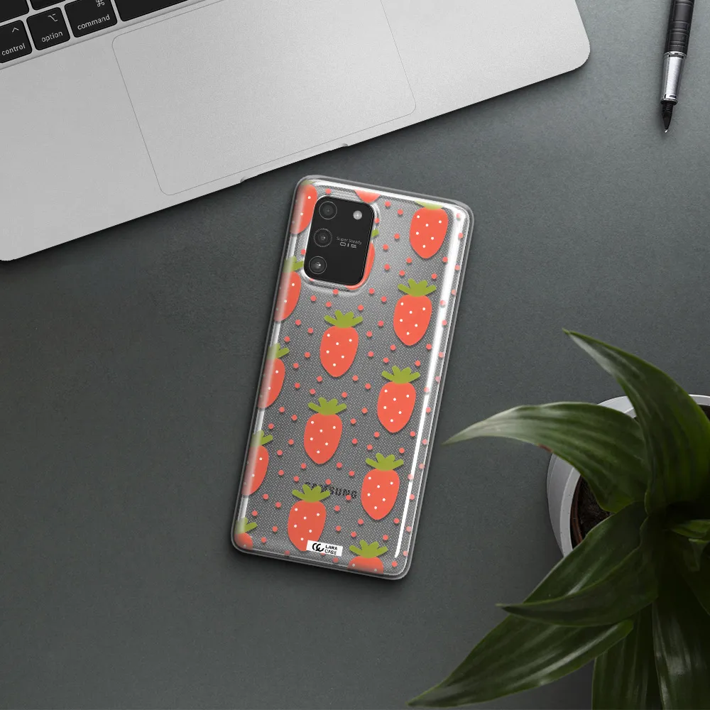 a pattern of strawberries on a white background Samsung A91 Clear TPU Case