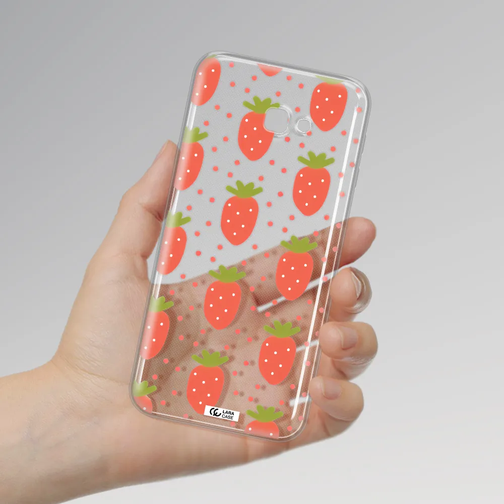 a pattern of strawberries on a white background Samsung J4 Plus Clear TPU Case