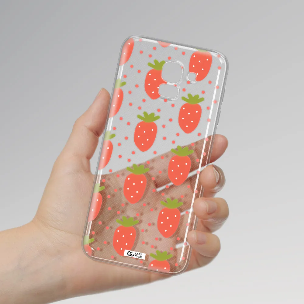 a pattern of strawberries on a white background Samsung J6 Clear TPU Case