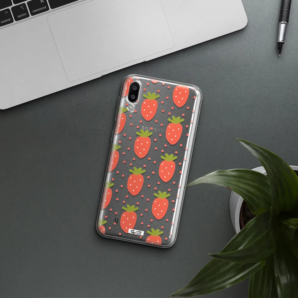 a pattern of strawberries on a white background Samsung M10 Clear TPU Case