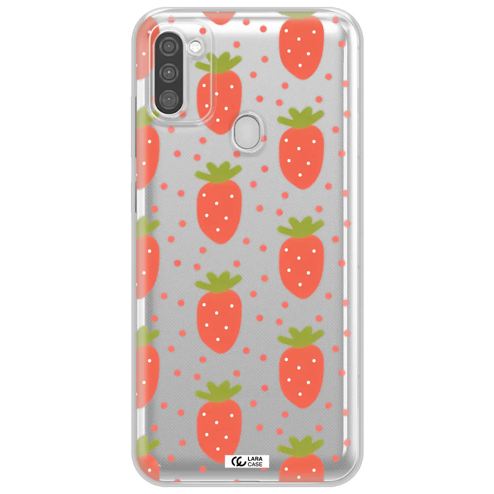 a pattern of strawberries on a white background Samsung M11 Clear TPU Case