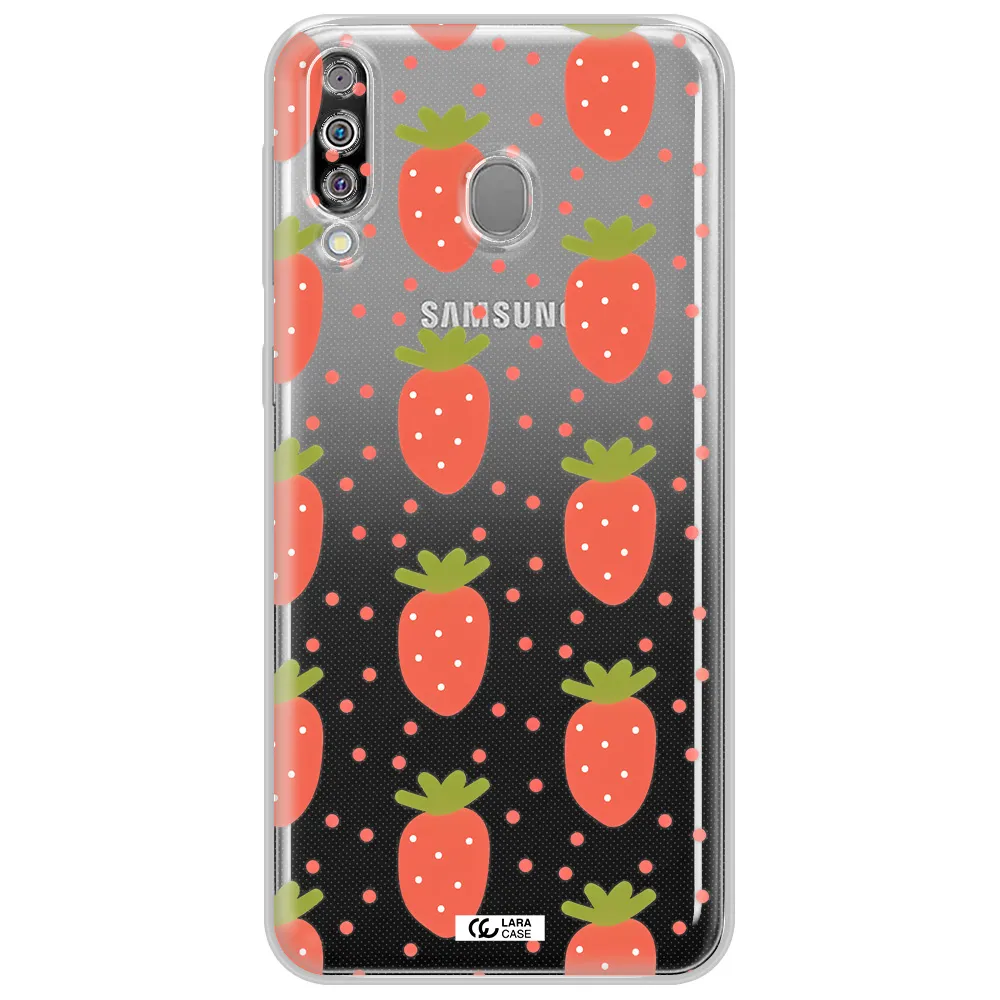 a pattern of strawberries on a white background Samsung M30 Clear TPU Case