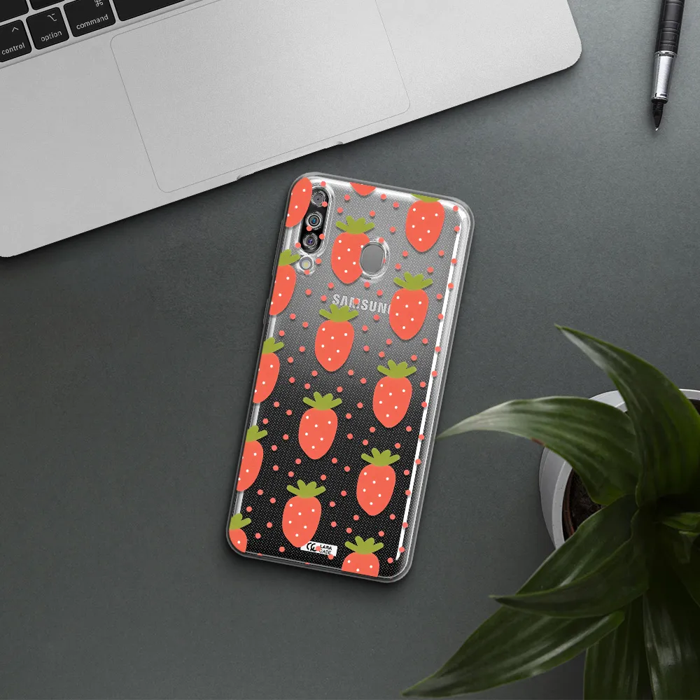 a pattern of strawberries on a white background Samsung M30 Clear TPU Case