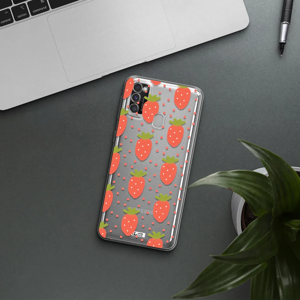 a pattern of strawberries on a white background Samsung M30S Clear TPU Case