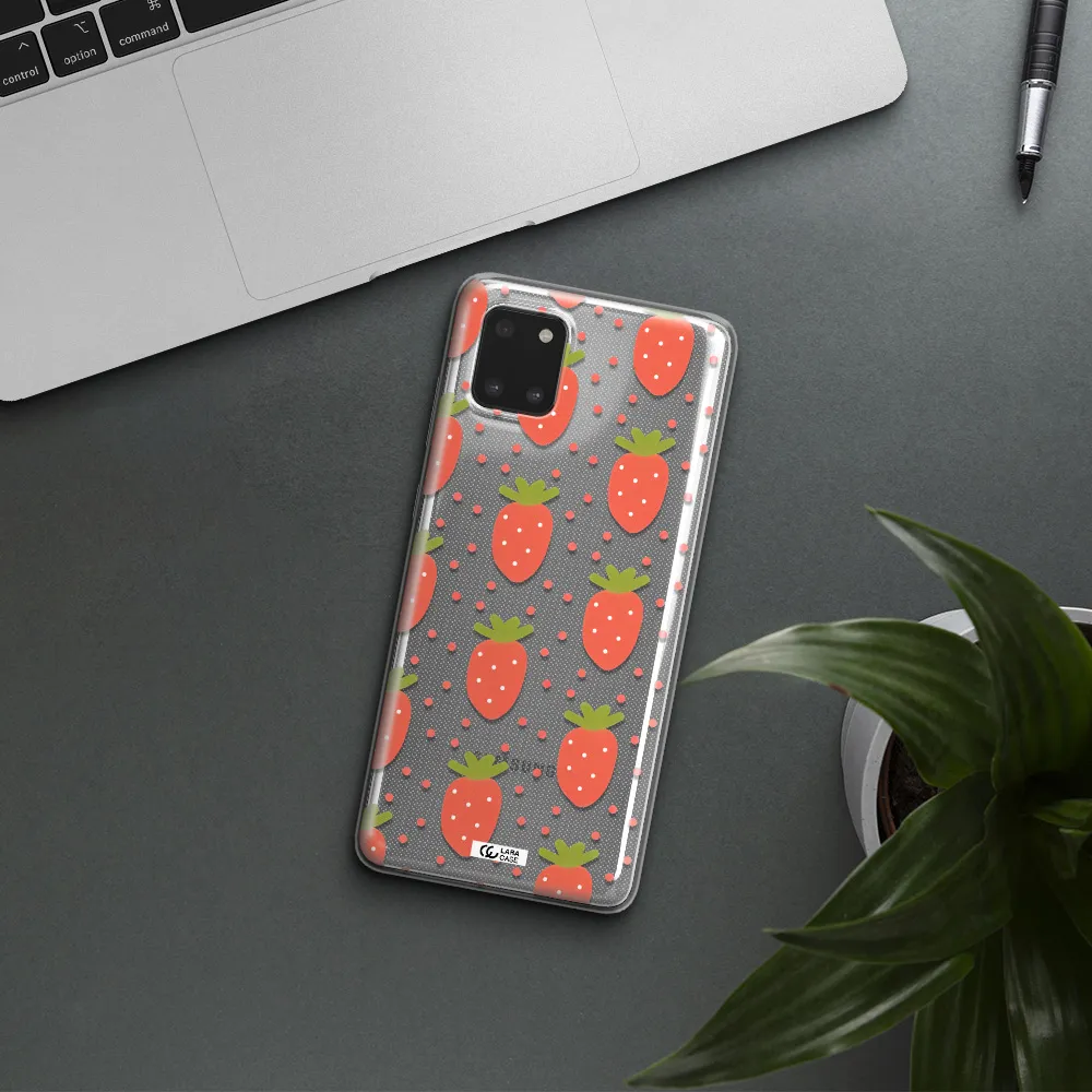 a pattern of strawberries on a white background Samsung Note 10 Lite Clear TPU Case