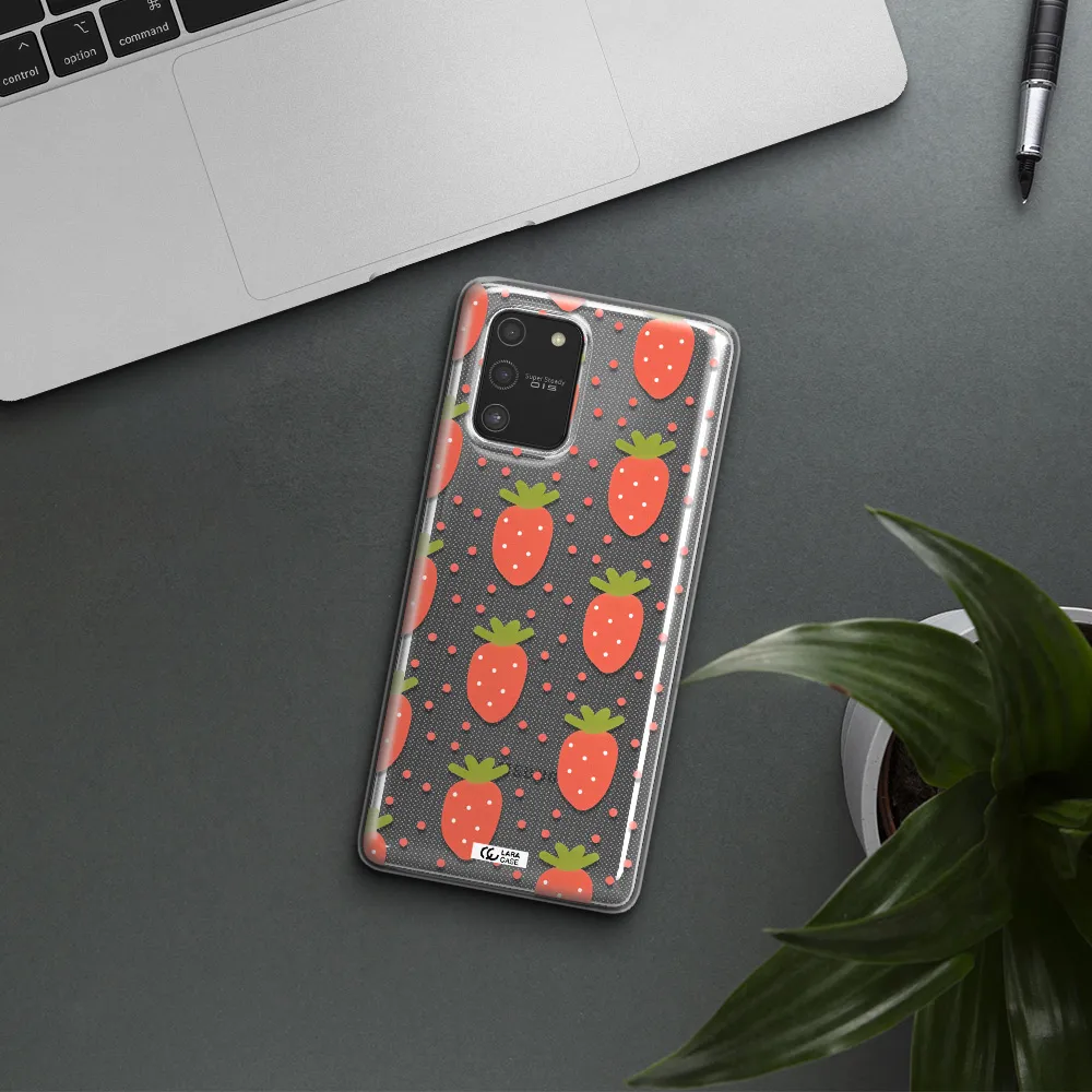 a pattern of strawberries on a white background Samsung S10 Lite Clear TPU Case