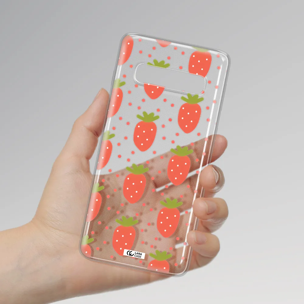 a pattern of strawberries on a white background Samsung S10 Plus Clear TPU Case