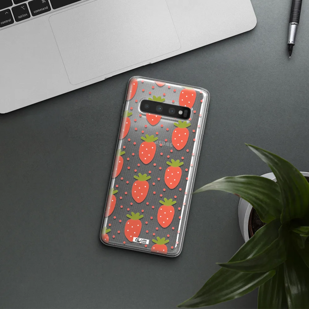 a pattern of strawberries on a white background Samsung S10 Plus Clear TPU Case