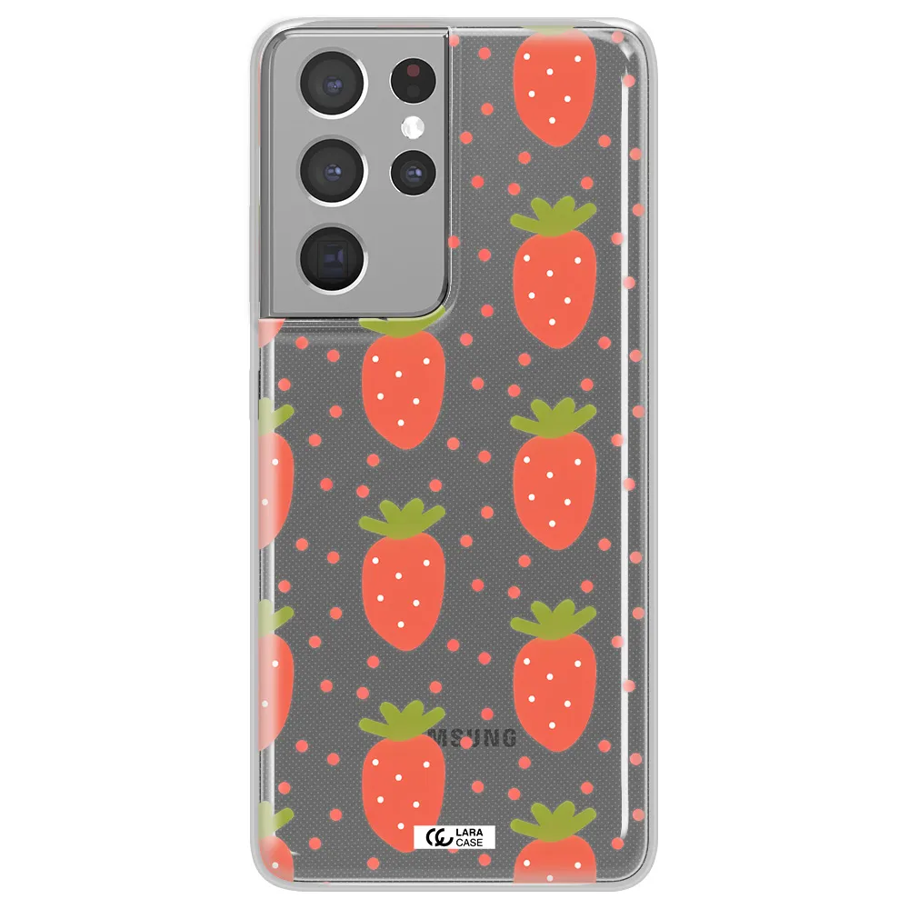 a pattern of strawberries on a white background Samsung S21 Ultra Clear TPU Case