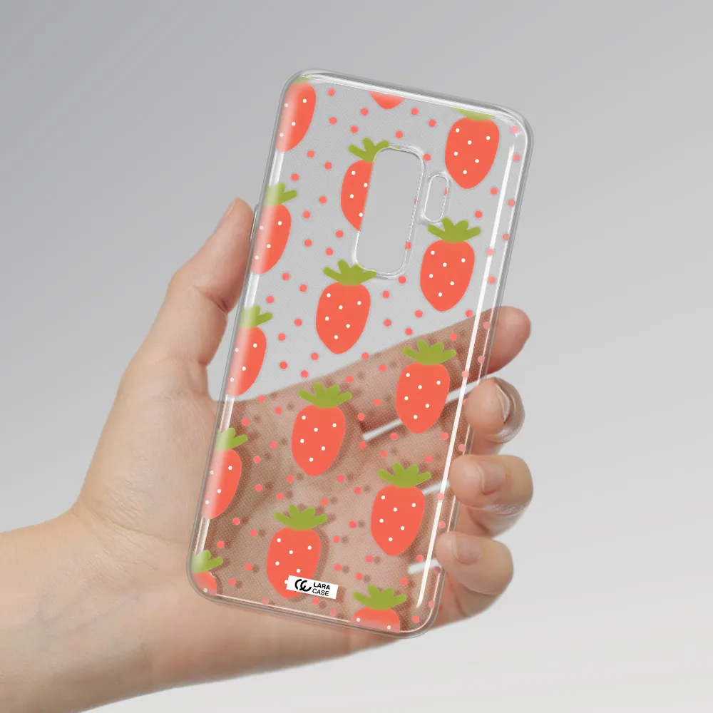 a pattern of strawberries on a white background Samsung S9 Plus Clear TPU Case