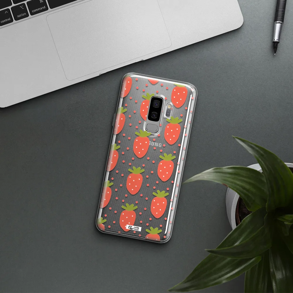 a pattern of strawberries on a white background Samsung S9 Plus Clear TPU Case