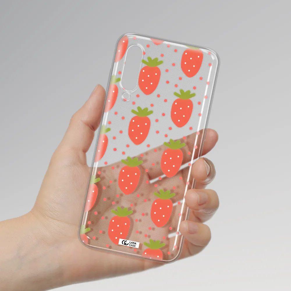 a pattern of strawberries on a white background Xiaomi Mi 9 Clear TPU Case