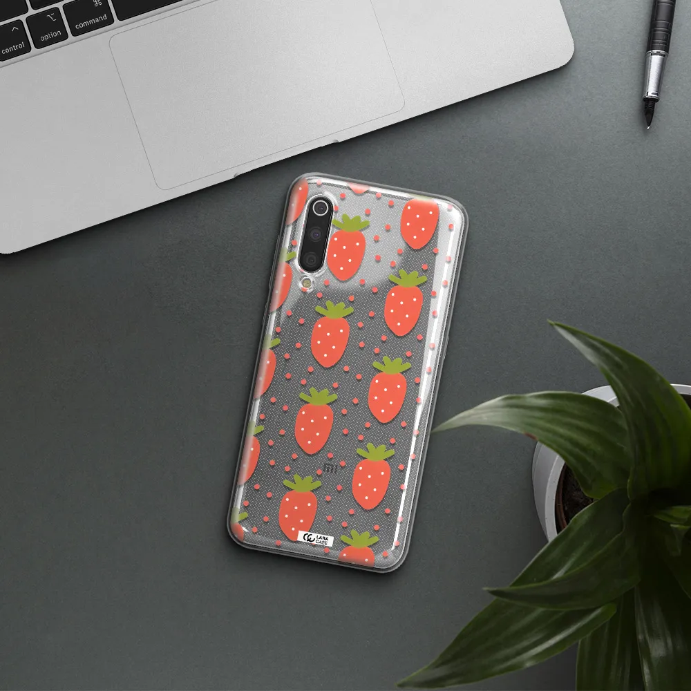 a pattern of strawberries on a white background Xiaomi Mi 9 Clear TPU Case