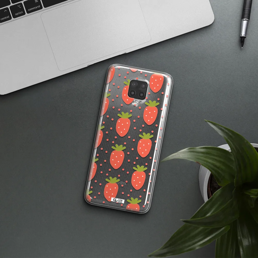 a pattern of strawberries on a white background Xiaomi Note 9 Pro Clear TPU Case