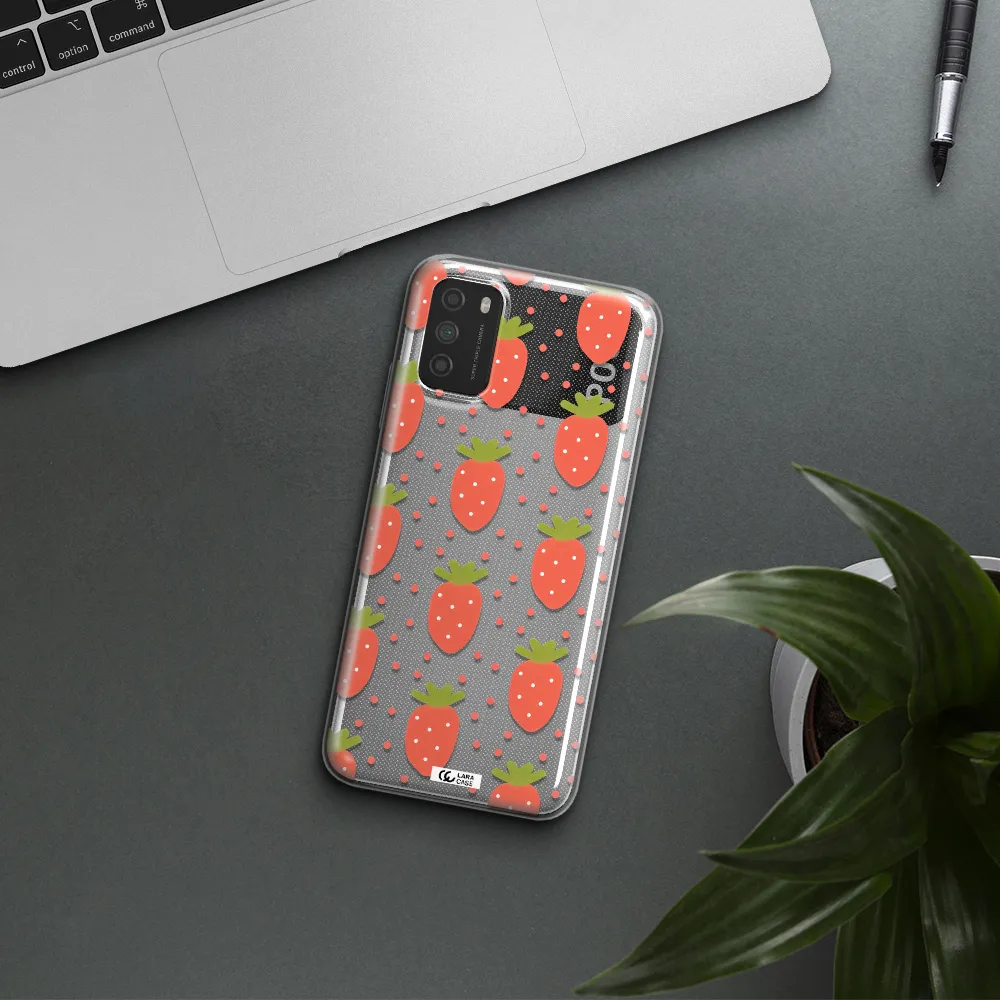a pattern of strawberries on a white background Xiaomi Poco M3 Clear TPU Case