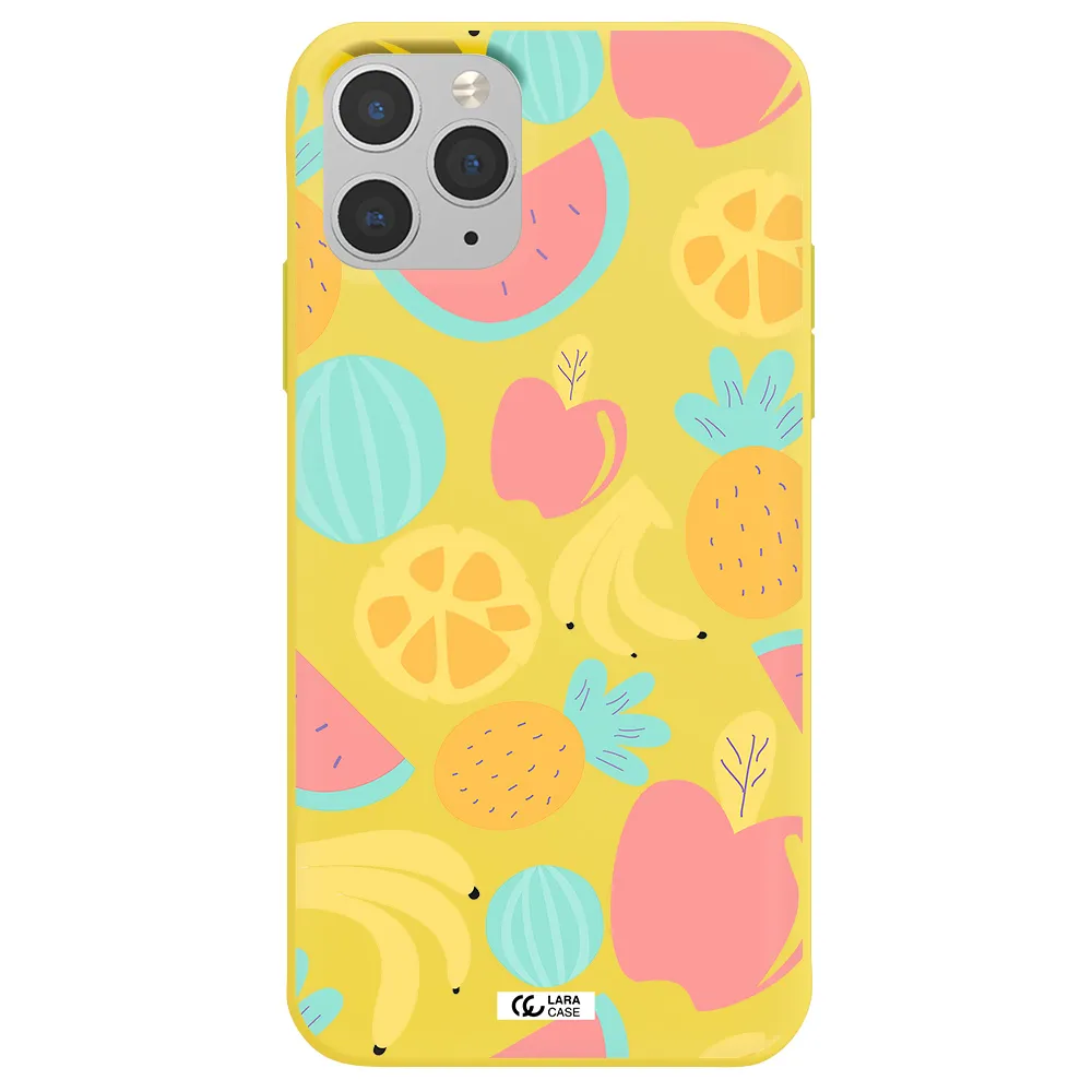 a pattern of fruits on a white background Apple iPhone 11 pro max Silicone canary yellow Case