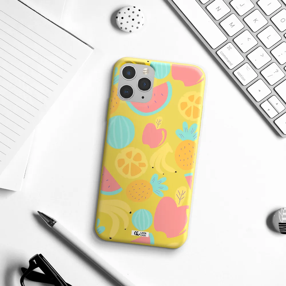 a pattern of fruits on a white background Apple iPhone 11 pro Silicone canary yellow Case