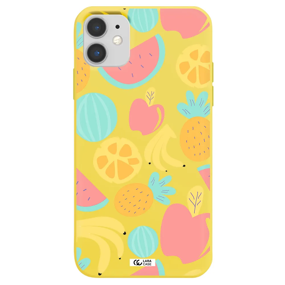 a pattern of fruits on a white background Apple iPhone 11 Silicone canary yellow Case