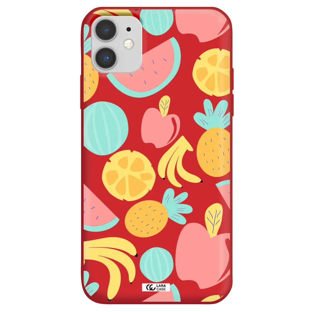 a pattern of fruits on a white background Apple iPhone 11 Silicone Imperial Red Case