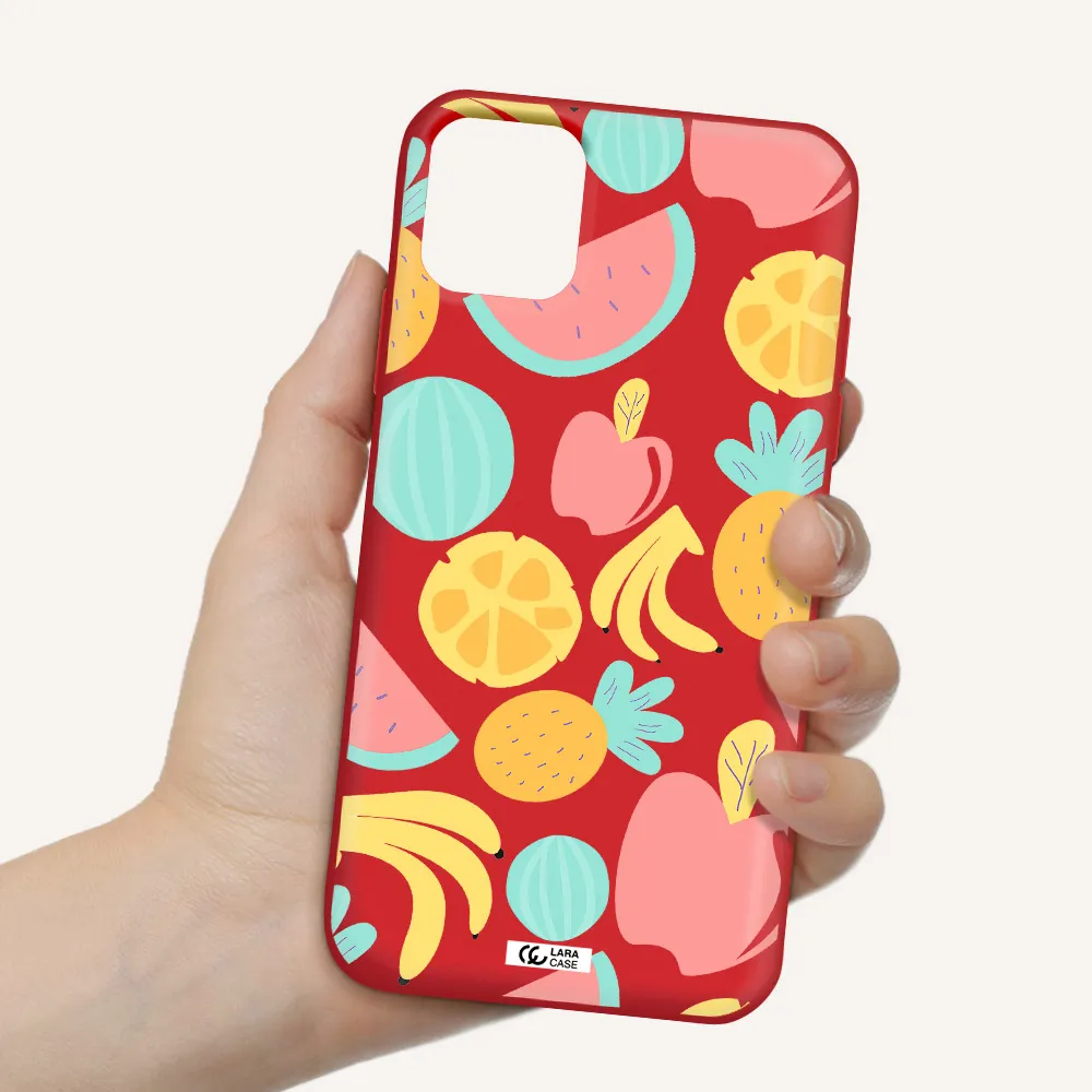 a pattern of fruits on a white background Apple iPhone 11 Silicone Imperial Red Case