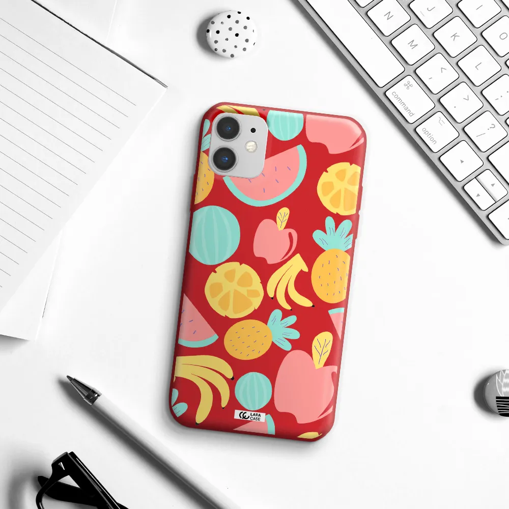 a pattern of fruits on a white background Apple iPhone 11 Silicone Imperial Red Case