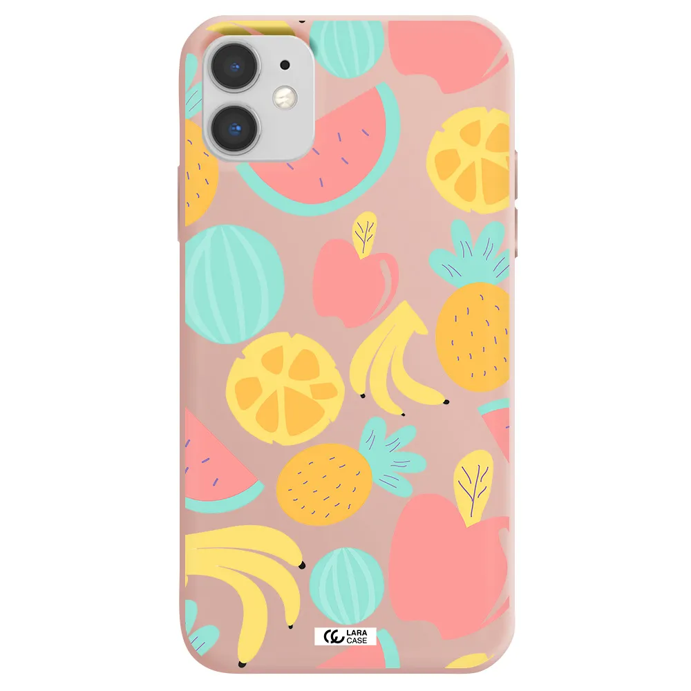 a pattern of fruits on a white background Apple iPhone 11 Silicone pastel pink Case