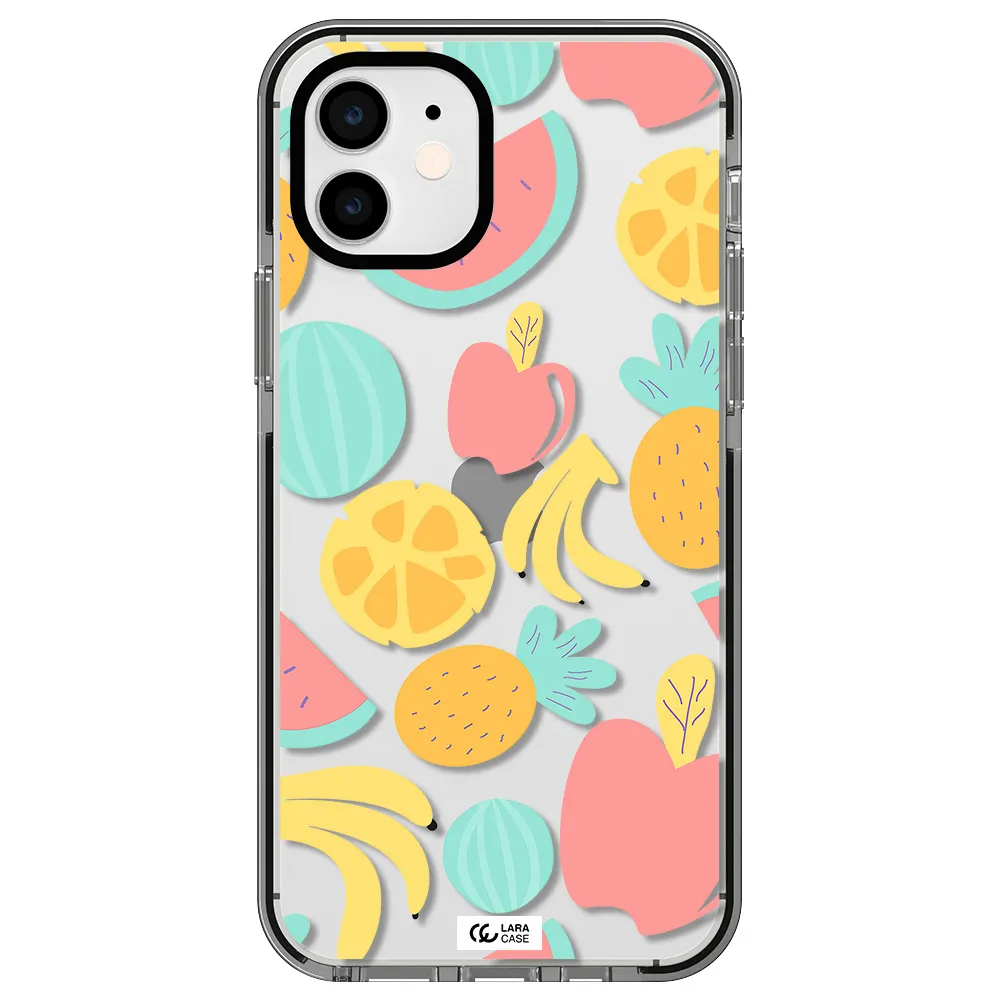 a pattern of fruits on a white background Apple iPhone 12 impact black border Case
