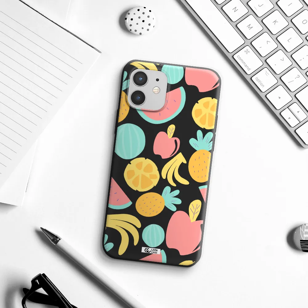 a pattern of fruits on a white background Apple iPhone 12 mini Silicone black Case